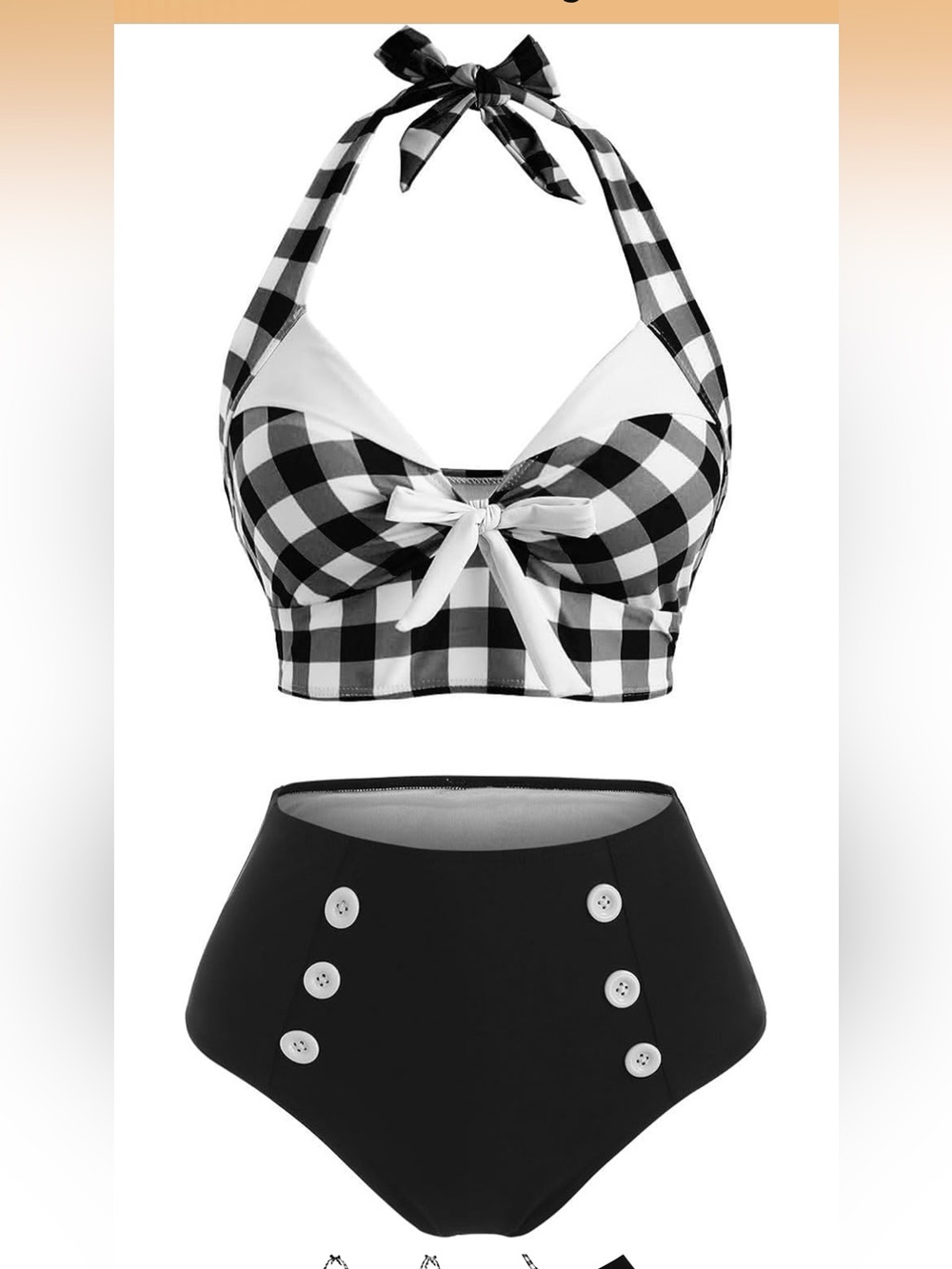 Checked Halter High-Waist Bikini Set - Black & White